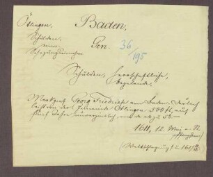 Markgraf Georg Friedrich von Baden-Durlach leiht von der Gemeinde Oettingen 500 fl. auf fünf Jahre unverzinslich, von da ab zu 5% Zins