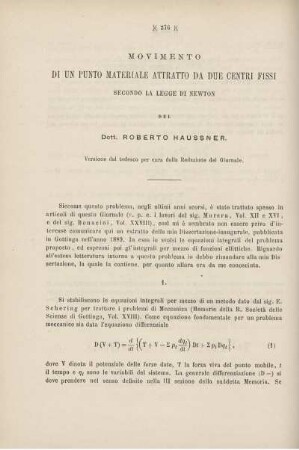 Movimento di un punto materiale attratto da due centri fissi secondo la legge di Newton.