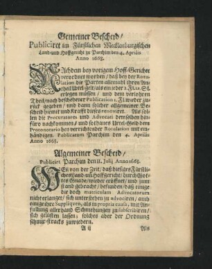 Algemeiner Bescheid/ Publicirt Parchim den II. Iulii Anno 1668.