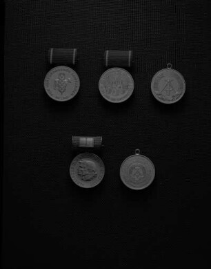 Medaillen der Deutschen Demokratischen Republik (DDR). Oben: Medaille für hervorragende Leistungen in landwirtschaftlichen Produktionsgenossenschaften [LPG] der DDR, gestiftet in einer Stufe (Bronze; 30 mm Durchmesser; 1977 gestiftet) an Spange (grün bezogen; 14 x 25 mm) und Medaille für hervorragende Leistungen in der Land- und Forstwirtschaft der DDR, gestiftet in einer Stufe (Bronze; 30 mm Durchmesser; 1977 gestiftet) an Spange (grün bezogen; 14 x 25 mm), jeweils Avers sowie Revers der beiden Medaillen mit Staatswappen der DDR. Unten: Humboldt-Medaille, gestiftet in drei Stufen (vergoldet, versilbert oder Bronze; 30 mm Durchmesser; 1975 gestiftet) an Spange (rot bezogen; 13 x 25 mm) mit aufgeschlagenem Buch. Avers, daneben Revers (ohne Spange)