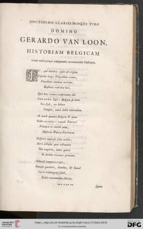 Doctissimo clarissimoque viro Domino Gerardo Van Loon, Historiam Belgicam