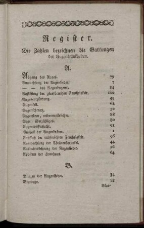 Register. Die Zahlen bezeichnen die Gattungen der Augenkrankheiten.