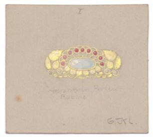 Entwurf eines Schmuckstücks : Symmetrische Brosche oder Anhänger mit Edelsteinen besetzt; handschriftliche Anmerkungen; signiert; nummeriert