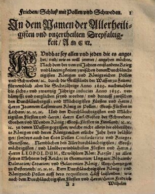 Frieden-Schluß, so zwischen den Königreichen Pollen und Schweden ... getroffen worden [Oliva]