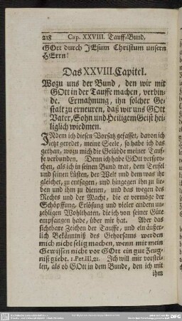 Das XXVIII. Capitel. Wozu uns der Bund, den wir mit Gott in der Tauffe machen, verbinde. Ermahnung, in socher Gestalt zu erneuren, daß wir uns Gott Vater, Sohn und heiligem Geist heiliglich wiedmen