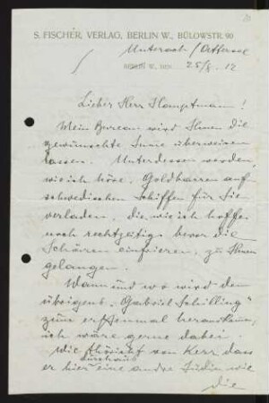 Brief von Samuel Fischer und Hedwig Fischer an Gerhart Hauptmann