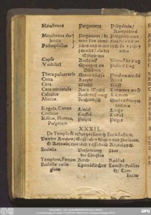 XXXII. De Templo & rebus personisq[ue] Ecclesiasticis. Von der Kirchen/ Geistlichen dingen vnd Personen. O Kosciele/ rzeczach y ossobach Koscielnych.