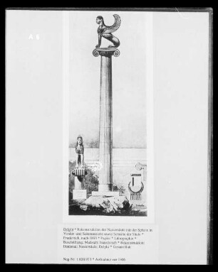 Rekonstruktion der Naxiersäule mit der Sphinx in Vorder- und Seitenansicht sowie Schnitte der Säule