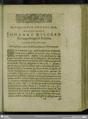 Disquisitio Duodecima. Respondente Johanne Bilgero Zwingenbergensi Renano