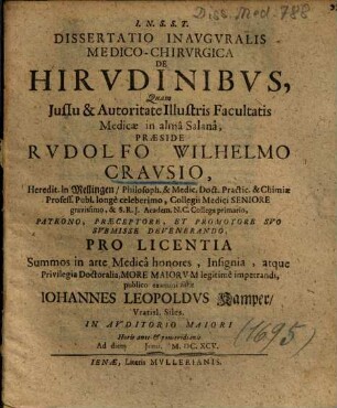 Dissertatio Inavgvralis Medico-Chirvrgica De Hirvdinibvs