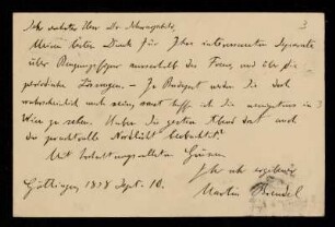 Nr. 3 Postkarte von Martin Brendel an Karl Schwarzschild. Göttingen, 10.9.1898