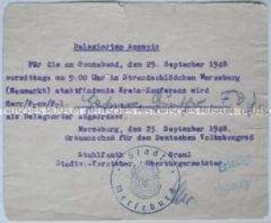 Delegiertenausweis zur Kreisdelegiertenkonferenz des Deutschen Volkskongresses