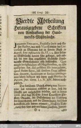 Vierdte Abtheilung Herausgegebene Schrifften von Abschaffung der Handwercks-Mißbräuche.