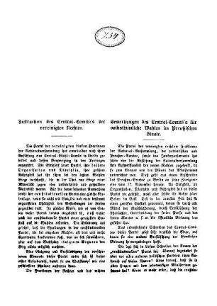 Instruction des Central-Comité's der vereinigten Rechten. Bemerkungen des Central-Comité's für volksthümliche Wahlen im Preußischen Staate.