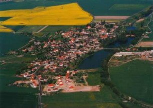 Oelzschau. Ortsansicht mit Anger- und Inselteich (Gösel). Luftbild-Schrägaufnahme von Südwesten