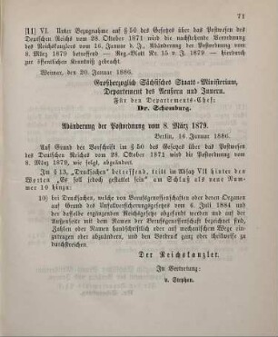11. Ministerial-Bekanntmachung, Abänderung der Postordnung vom 8. März 1879 betreffend