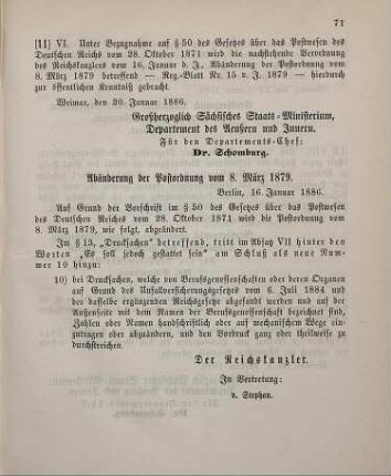11. Ministerial-Bekanntmachung, Abänderung der Postordnung vom 8. März 1879 betreffend