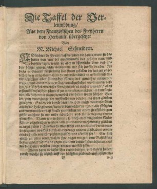 Die Taffel der Verleumbdung/ Aus dem Frantzösischen des Freyherrn von Hervault übergesetzet Von M. Michael Schneidern.