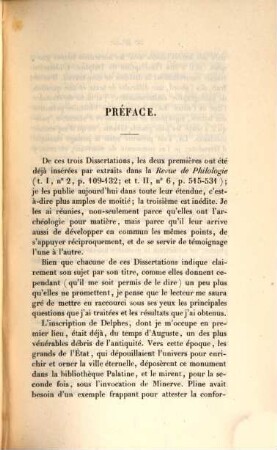 Trois dissertations : Sur l'inscription de Delphes, citée par Pline. Sur l'ouvrage d'Anaximènes de Lampsaque, intitulé; Des peintures antiques; Sur la signature des oeuvres de l'art, chez les anciens
