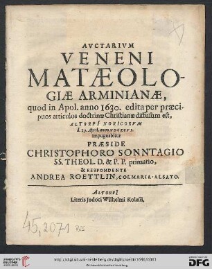 Auctarium Veneni Mataeologiae Arminianae : quod in Apol. anno 1630. edita per praecipuos articulos doctrinae Christianae diffusum est