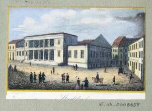 Ansicht vom Stadtbad in Teplitz, Radierung, 1840 : Stadtbad, [ca. 1840]. - 1 Kunstblatt : kol. Radierung ; 8,0 x 4,8 cm