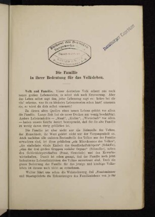 Die Familie in ihrer Bedeutug für das Volksleben.