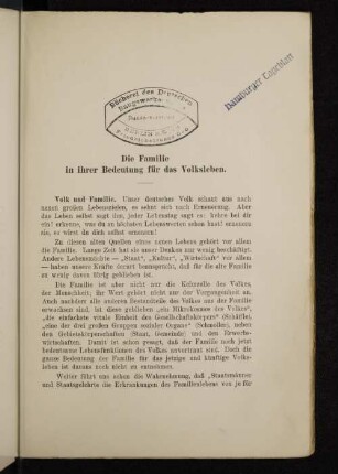 Die Familie in ihrer Bedeutug für das Volksleben.