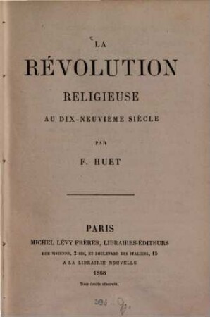 La Révolution religieuse au dix-neuvième siècle