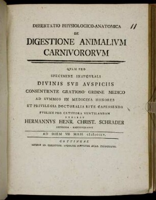Dissertatio Physiologico-Anatomica De Digestione Animalium Carnivororum