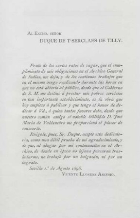 Al Excmo. Senor Duque de T'Serclaes de Tilly