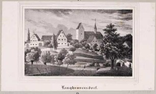 Ortsansicht von Langhennersdorf (Oberschöna) nordwestlich von Freiberg mit Kirche und Bauerngütern, aus Sachsens Kirchen-Galerie von Hermann Schmidt, 1838, Bd. 2