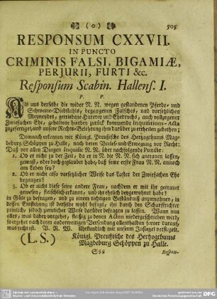 Responsum CXXVII. In Puncto Criminis Falsi, Bigamiae, Perjurii, Furti &c.