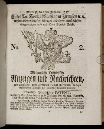 No. 2. Montags, den 10ten Januarii, 1757.