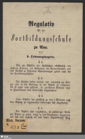 Regulativ für die Fortbildungsschule zu Aue