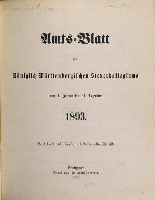 Amtsblatt des Württembergischen Steuerkollegiums. 1893