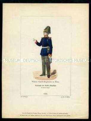 Uniformdarstellung, Leutnant des Füsilier-Bataillons des 4. Garde-Regiments zu Fuß in Parade, Preußen, 1861. Aus: Der Soldatenfreund.