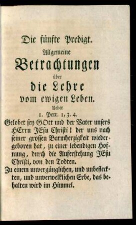Die fünfte Predigt. Allgemeine Betrachtungen über die Lehre vom ewigen Leben