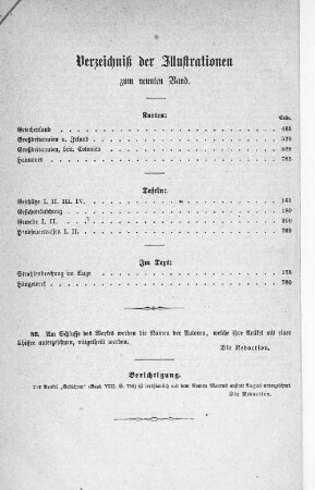 Verzeichnis der Illustrationen zum neunten Band.