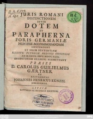 Juris Romani Distinctionem Inter Dotem Et Parapherna Foris Germaniæ Non Esse Accommodandam