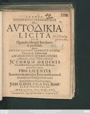 Disputatio Inauguralis De Autodikia Licita Seu Quando sibi ipsi Ius dicere sit permissum