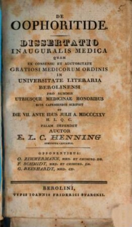 De Oophoritide : Dissertatio inauguralis medica