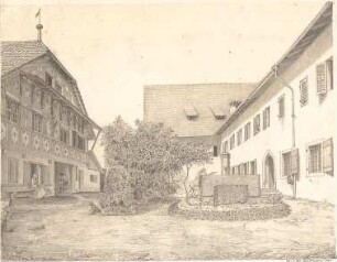 Bühlmann, Josef; Studienblätter und Reiseskizzen - Bauernhof mit Brunnen (Perspektive)