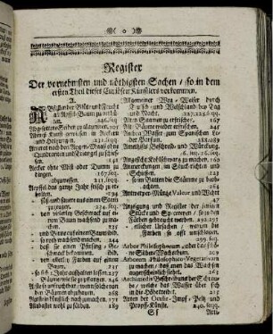 Register Der vernehmsten und nöthigsten Sachen/ so in dem ersten Theil dieses Curiösen Künstlers vorkommen.