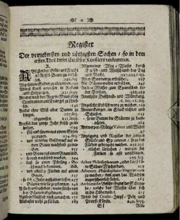 Register Der vernehmsten und nöthigsten Sachen/ so in dem ersten Theil dieses Curiösen Künstlers vorkommen.