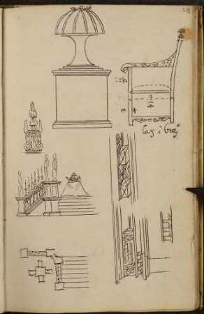 Detailzeichnungen, u.a. Stuhl und Katafalk in der Jesuitenkirche von Krakau