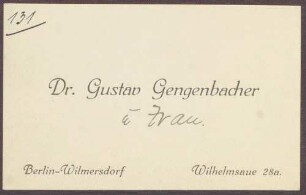 Visitenkarte von Gustav Gengenbacher, Berlin, an Constantin Fehrenbach, Glückwünsche zur Wahl zum Reichskanzler