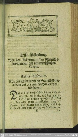 Erste Abtheilung. Von den Würkungen der Gemüthsbewegungen auf den menschlichen Körper