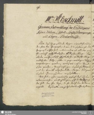 IIIter Abschnitt. Genaue Betrachtung des Erdkörpers seyner Volum- (Gestalt u. Größe) Bewegungs- und Längen-Verhaeltnisse