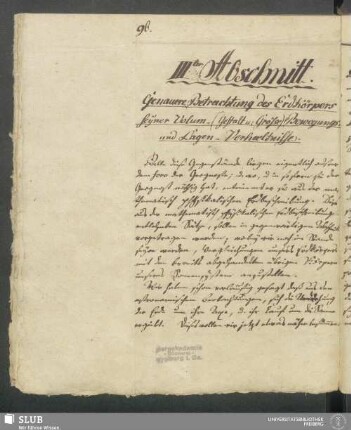 IIIter Abschnitt. Genaue Betrachtung des Erdkörpers seyner Volum- (Gestalt u. Größe) Bewegungs- und Längen-Verhaeltnisse