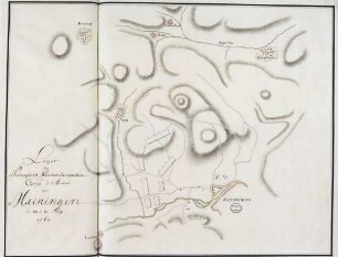 "Lager des Herzoglich Würtembergischen Corps d'Armée vor Meiningen [an der Werra] den 14. und 15. August 1760" [aus dem Sammelband mit eingeklebten Karten des Herzoglich Württembergischen Corps des Guides über Lager während des Feldzugs gegen Preußen 1760 sowie Feldlager bei Ludwigsburg 1762 - 1763]